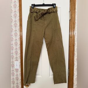 Anthropologie Cargo Style Moss Colored Pants with hand embroidered belt